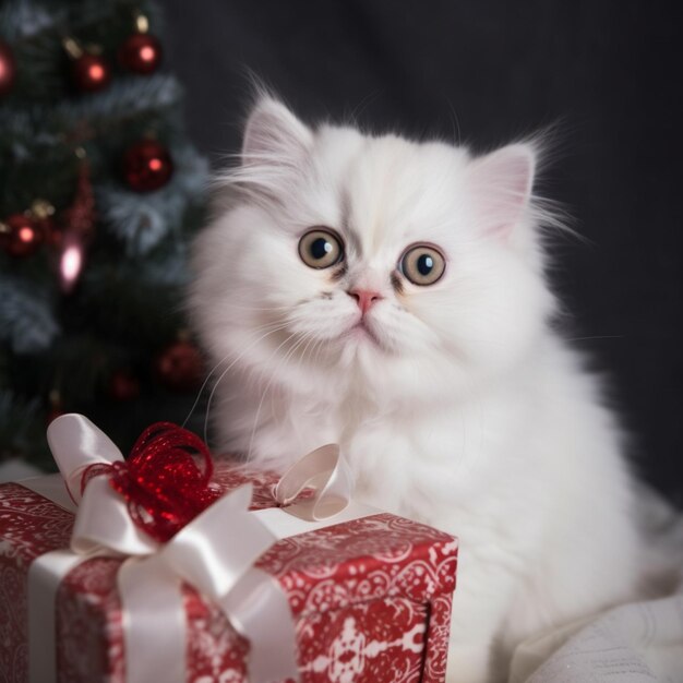 gatto araffe seduto accanto a un regalo di Natale con un albero sullo sfondo generativo ai