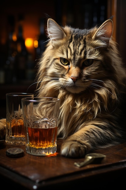 Gatto Araffe seduto su un tavolo con un bicchiere di whisky generativo ai