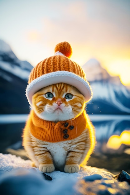 Gatto arancione e bianco che indossa sciarpa e maglione con cappello lavorato a maglia IA generativa