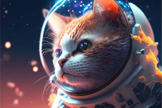 Gatto astronauta che galleggia nello spazio con stelle e sfondo galattico