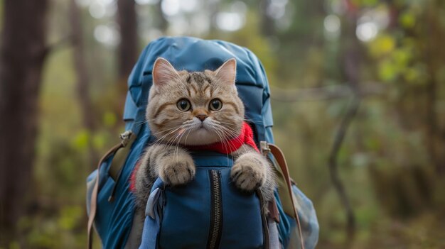 Gatto avventuroso vestito con attrezzature da viaggio e uno zaino esplora le meraviglie della natura incarnando la curiosità e la voglia di viaggiare nel suo viaggio attraverso paesaggi panoramici