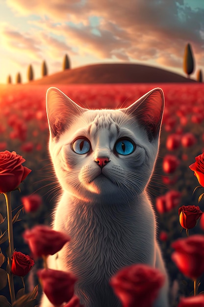 Gatto bianco adorabile molto carino con gli occhi azzurri nel tramonto del campo di rose rosse sullo sfondo