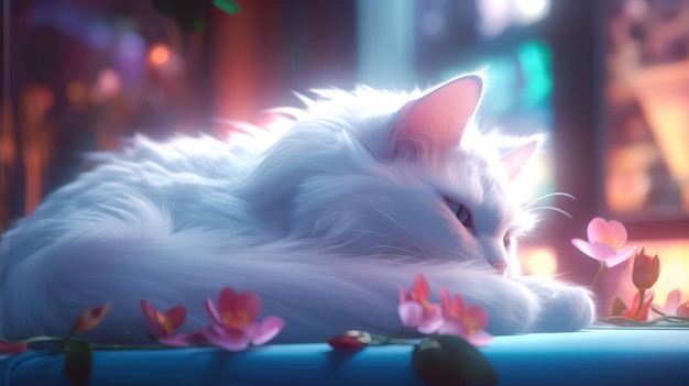 gatto bianco che dorme nei fiori