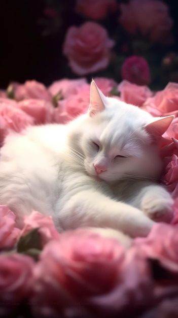 gatto bianco che dorme nei fiori