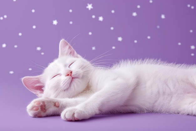 Gatto bianco che dorme tranquillamente su sfondo viola con decorazione di stelle bianche