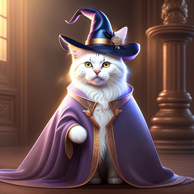 Gatto bianco con cappello da strega e abito da mago Ritratto di animale domestico in abbigliamento