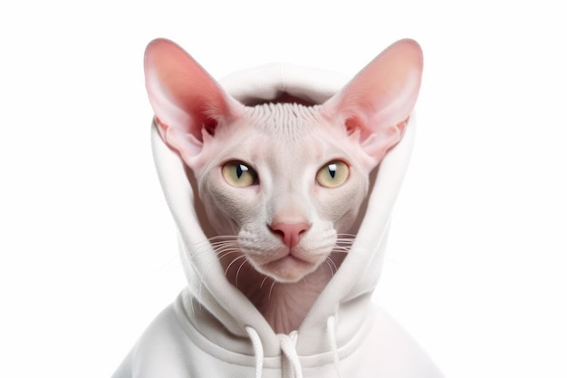 Gatto bianco con cappuccio bianco con sguardo sorpreso sul viso AI generativa
