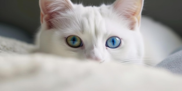 Gatto bianco con occhi di colore diverso Angora turca Van gattino con occhio blu e verde giace su letto bianco Adorabili animali domestici eterocromia Ai