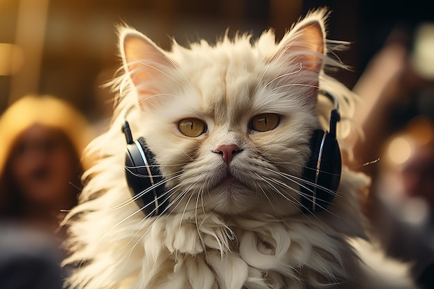 Gatto bianco con occhiali da sole che ascolta musica