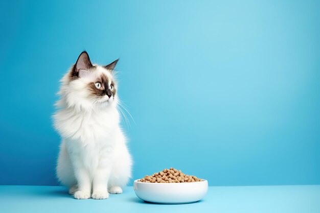 Gatto bianco con una ciotola di cibo per gatti su uno sfondo blu Fotografia in studio