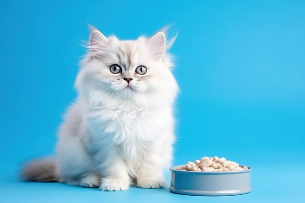 Gatto bianco con una ciotola di cibo per gatti su uno sfondo blu Fotografia in studio