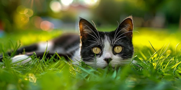 Gatto bianco e nero che si sdraiano nel giardino verde al tramonto