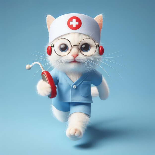 Gatto bianco in abiti medici con uno stetoscopio corre cura medica per animali domestici servizio veterinario