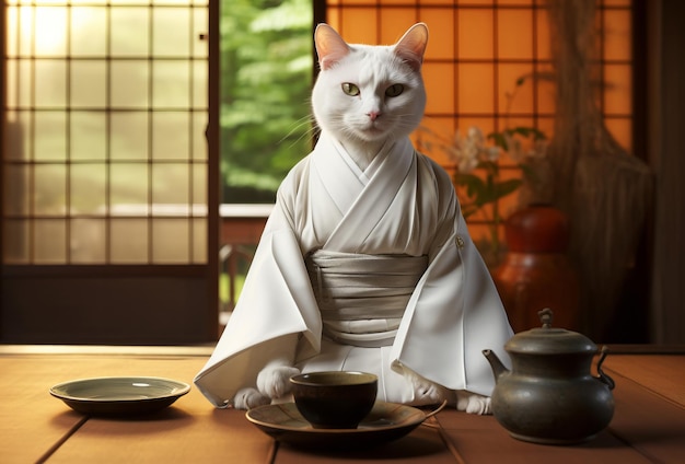 Gatto bianco in kimono ad una cerimonia del tè in un classico interno giapponese