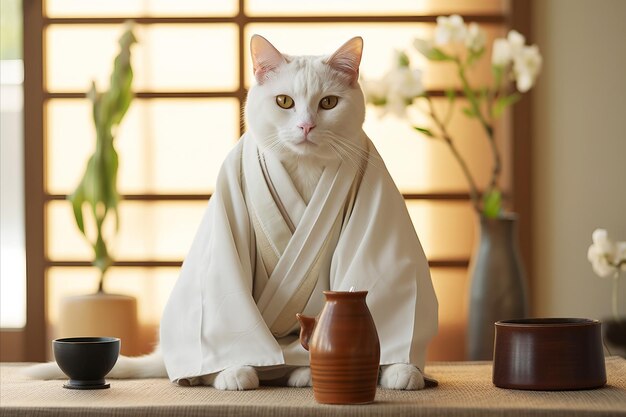 Gatto bianco in kimono in un classico interno giapponese