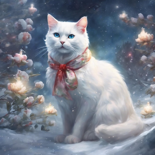 gatto bianco nella neve con fiori e magia
