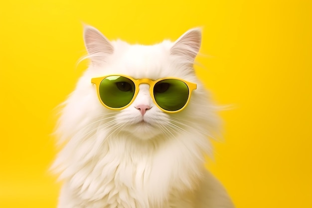 Gatto bianco peloso alla moda con gli occhiali verdi che posa su uno sfondo giallo Foto orizzontale