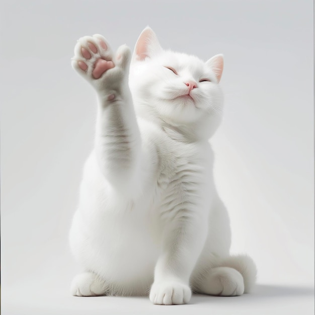 Gatto bianco seduto sulle zampe posteriori e che si alza con il piede