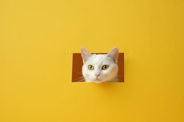 Gatto bianco su sfondo giallo spazio per scrivere sfondo giello illustrazione digitale Generativo