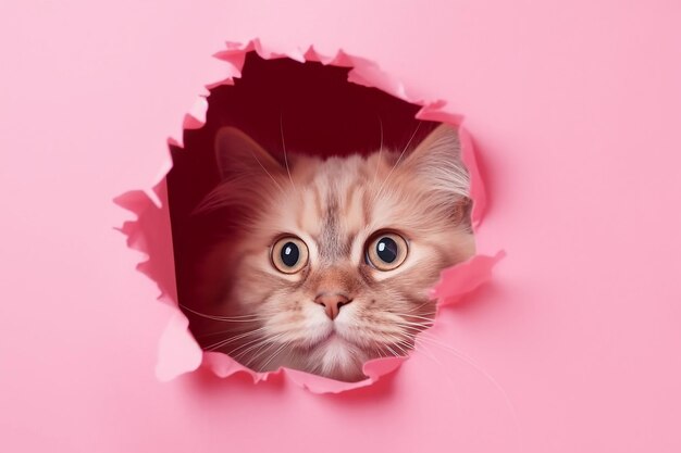 Gatto birichino che sbircia da un buco in un primo piano di carta strappata rosa creato con la tecnologia generativa AI