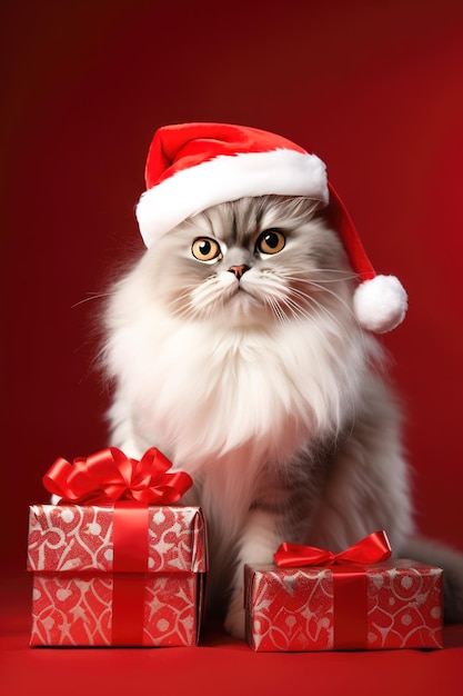 Gatto birichino con un cappello di Babbo Natale su sfondo rosso semplice Capodanno e Natale con animali domestici