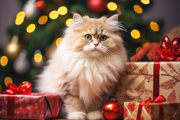 Gatto birichino sullo sfondo di un albero di Natale