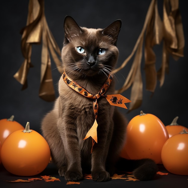 Gatto birmano ad Halloween ritratto di gatto birmano marrone con nastro arancione e zucche