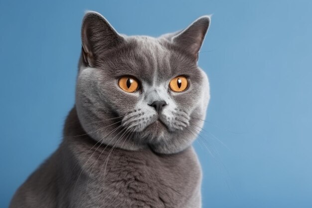 Gatto britannico grigio con umore offeso, arrabbiato e depressivo su uno sfondo blu