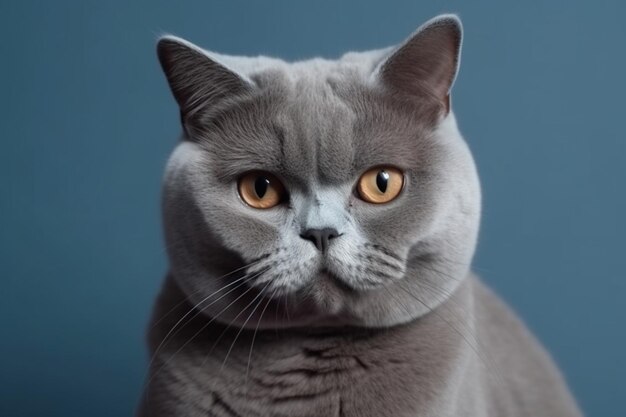 Gatto britannico grigio con umore offeso, arrabbiato e depressivo su uno sfondo blu