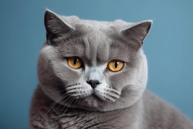 Gatto britannico grigio con umore offeso, arrabbiato e depressivo su uno sfondo blu