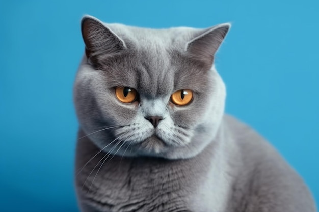 Gatto britannico grigio con umore offeso, arrabbiato e depressivo su uno sfondo blu