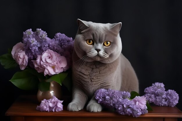 Gatto britannico grigio e fiori Rete neurale generata dall'intelligenza artificiale