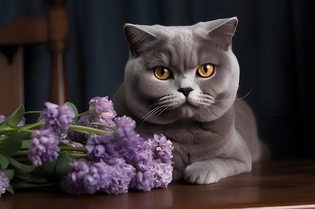 Gatto britannico grigio e fiori Rete neurale generata dall'intelligenza artificiale