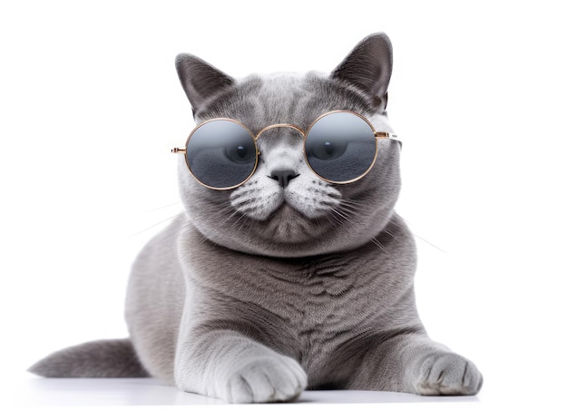 Gatto British shorthair con occhiali rotondi adagiato su sfondo bianco