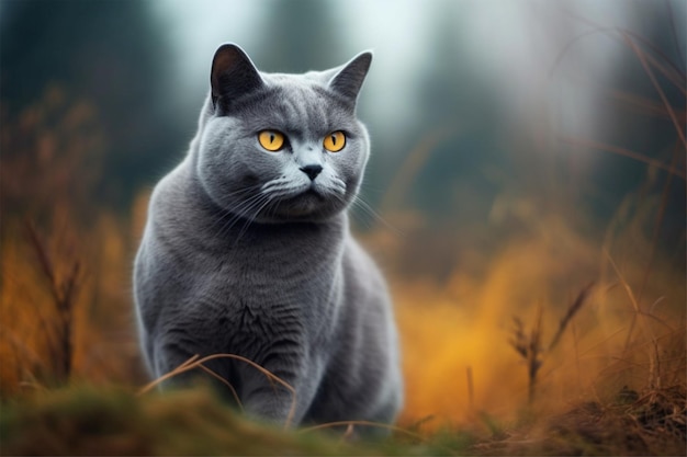 Gatto British Shorthair seduto nella foresta autunnale Bellissimo gatto grigio con occhi gialli