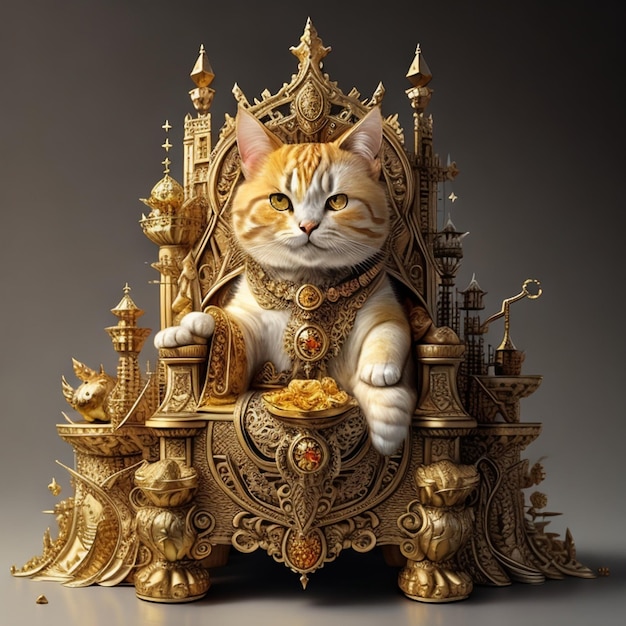 Gatto calico seduto su un trono con applicazioni di ambra citrina e diamanti neri