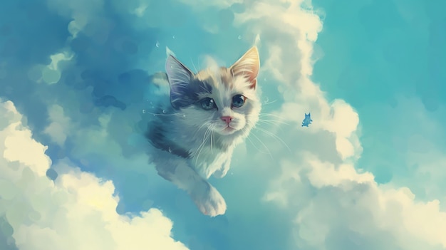 Gatto carino che cammina sulle nuvole nel cielo carta da parati