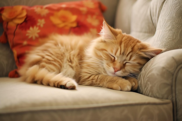 Gatto carino che dorme o si riposa sul divano a casa Gatto pigro che dorme sul divano Concetto del giorno del gatto