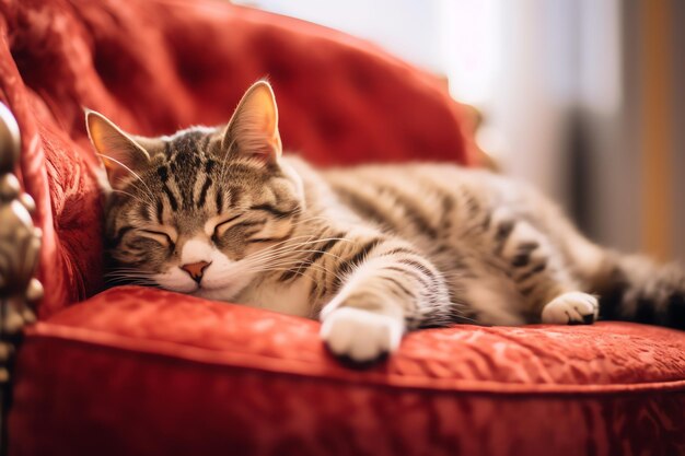 Gatto carino che dorme o si riposa sul divano a casa Gatto pigro che dorme sul divano Concetto del giorno del gatto