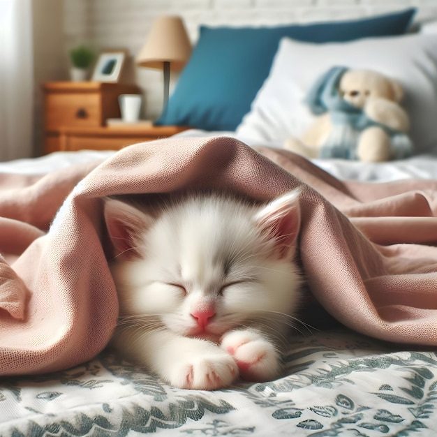 Gatto carino che dorme sul letto