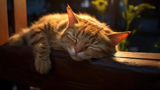 Gatto carino che dorme tranquillamente su una panchina