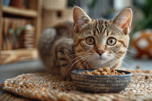 Gatto carino che mangia da una ciotola sul pavimento contro lo sfondo generativo ai