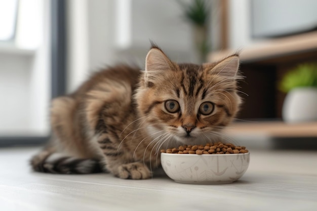 Gatto carino che mangia da una ciotola sul pavimento contro lo sfondo generativo ai