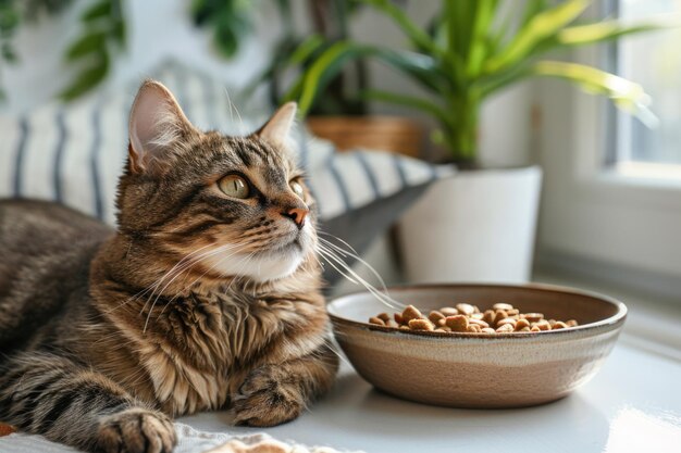 Gatto carino che mangia da una ciotola sul pavimento contro lo sfondo generativo ai