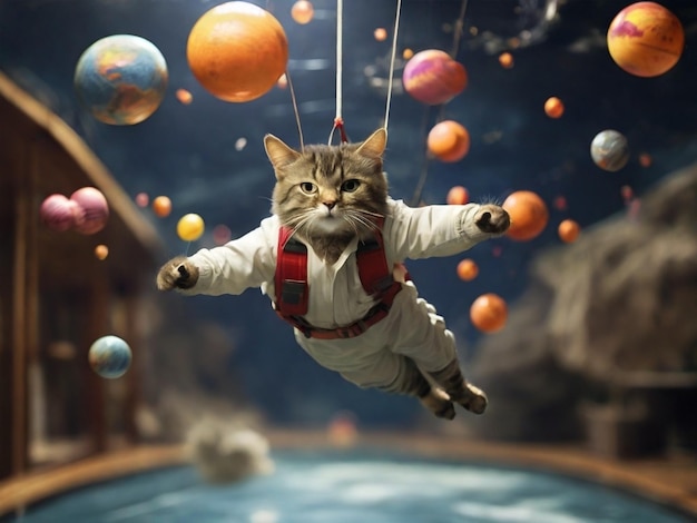 Gatto carino che vola nel cielo con palloncini e corda