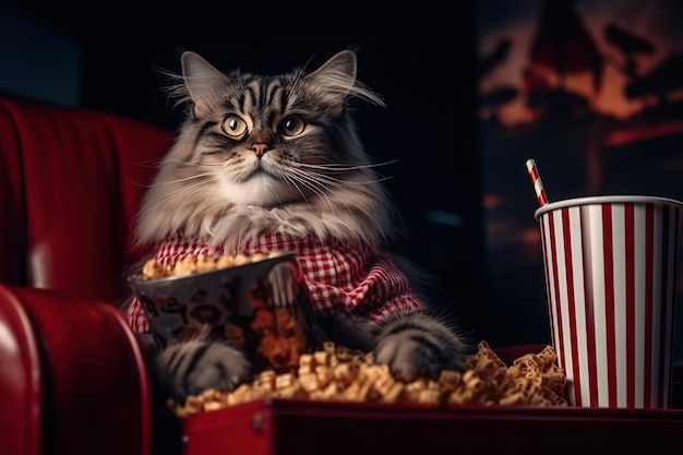 Gatto carino con i popcorn al cinema e guardando un film AI generativa