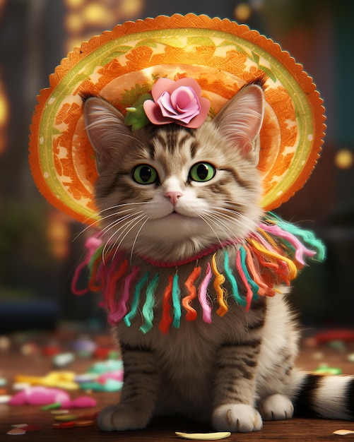 Gatto carino con il costume festivo del Cinco De Mayo