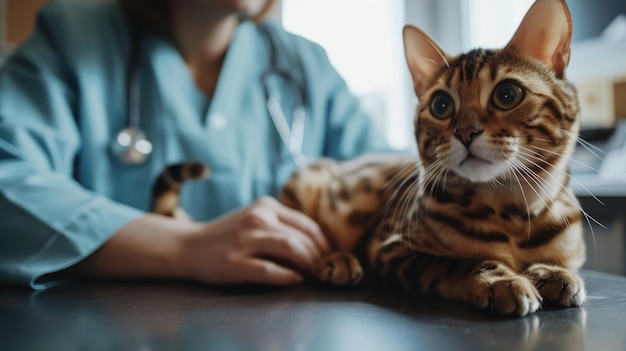 Gatto carino con intelligenza artificiale generativa esaminato da un veterinario professionista in clinica veterinariax9xA