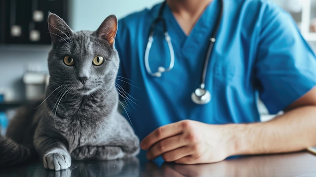 Gatto carino con intelligenza artificiale generativa esaminato da un veterinario professionista in clinica veterinariax9xA