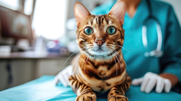 Gatto carino con intelligenza artificiale generativa esaminato da un veterinario professionista in clinica veterinariax9xA